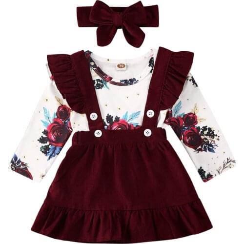 Citgeett Spring 3PCS Infant Baby Girl Floral Outfit Clothes Print Romper+Strap Skirts Dress Headband Autumn Set