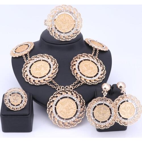Dubai Gold Color Bridal Crystal Jewelry Sets Fashion African Beads Jewelry set big Nigeria Wedding Necklace Earring Ring Bangle