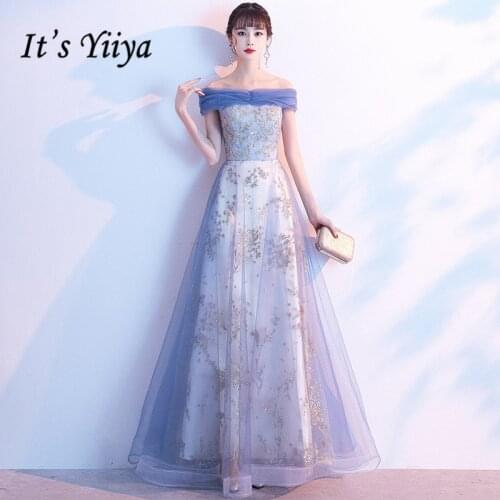 Elegant Evening Dress Its Yiiya BR314 Blue Boat Neck Long Formal Dresses Long Off Shoulder Crepe A-Line Vestidos De Fiesta