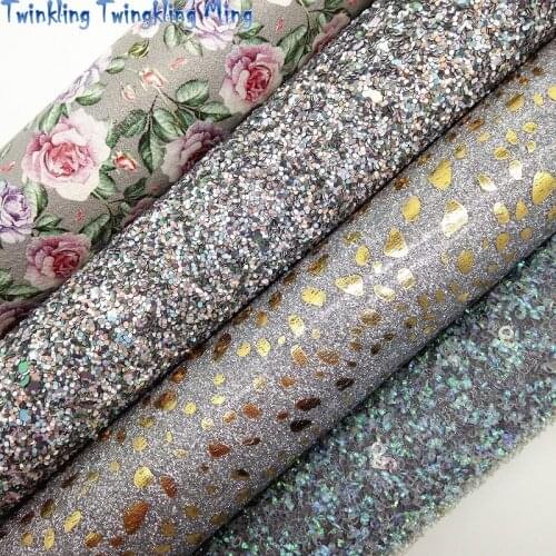 Grey Chunky Glitter Fabric, Gold Dots Printed printed Glitter Leather, Faux Fabric For Bow A4 21x29CM Twinkling Ming KM011