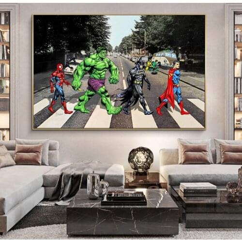 Superheroes Walking Across The Abbey Road Marvel Canva Paintings Poster Prints Art Wall Pictures Kid Living Room Decor Cuadros