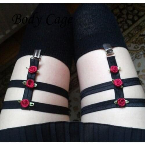 Body Cage 1pc elasticity Harness Women Thigh Straps Leg Garter Pastel Goth Red rose decoration Sexy Bondage Pole Dance