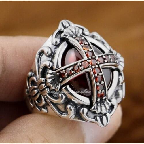 925 Sterling Silver Goth Big Red CZ Cross Gothic Punk Rock Mens Ring 9D005
