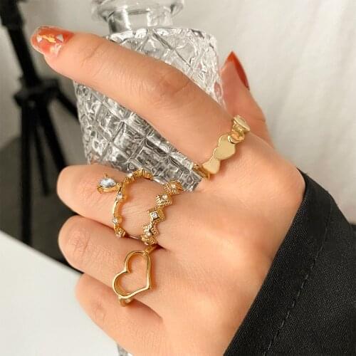 FNIO Bohemian Gold Color Butterfly Rings Set For Women Girls Pearl Resin Flower Cross Chain Finger Rings Jewelry Party