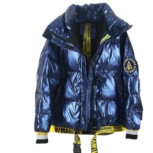 Novel Winter Loose Unisex Glossy Parka 90%White Duck Down Jacket Women Thick Letter Ribbon Streetwear Coat Women
