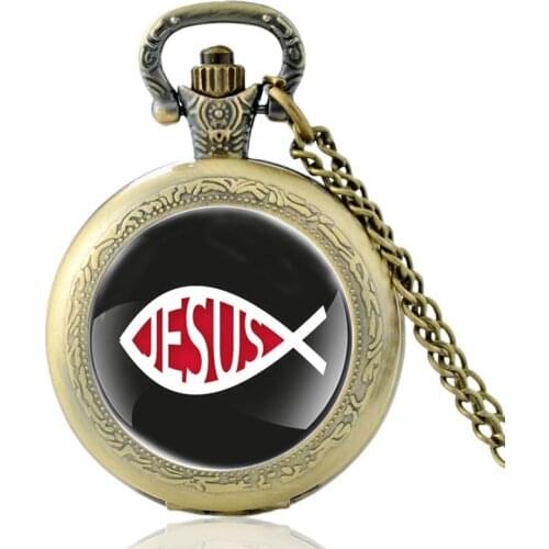 New Arrival Jesus Fish Pattern Bronze Vintage Quartz Pocket Watch Men Women Unique Pendant Necklace Hours Clock Gifts