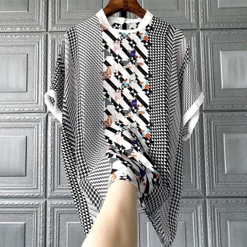 Mall New goods ~ near W ~ rare! Grid printed silk blouse women mulberry silk shirt