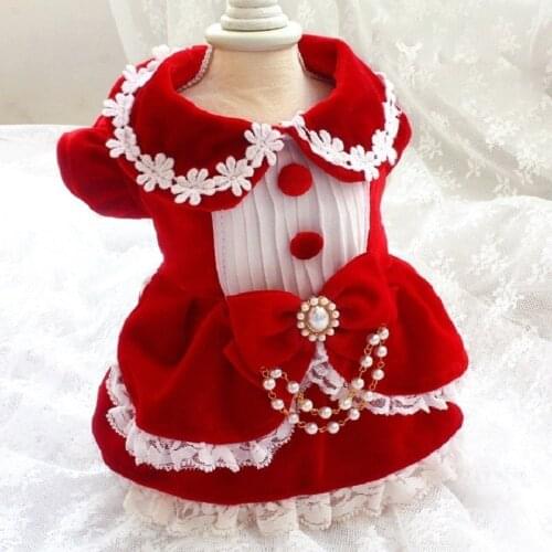 Free Shipping Handmade Adorable Dog Clothes Cat Christmas Like Doll Red Velvet Pearl Lolita Princess Dog Dresses Poodle Maltese