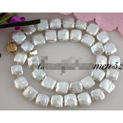 Free Shipping ***Hot sale >>Real 17" 12mm white square freshwater pearl necklace