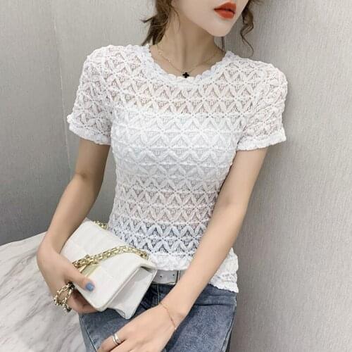 Sexy Women Lace Blouse Tshirt Summer Elegant Short Sleeve O-neck Short sleeve Tops