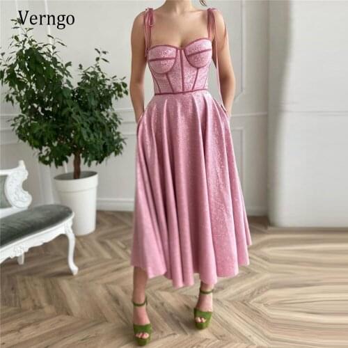 Verngo 2021 Rose Pink Sequin A Line Short Prom Dresses Straps Ties Velour Details Tea Length Evening Party Gowns With Pockets