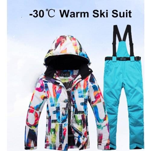 Thick Warm Women Ski Suit -30 Degrees Waterproof Windproof Skiing and Snowboarding Jacket Pants Set Snow Costumes Outdoor Wear