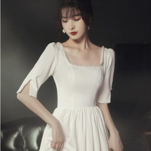 Simple Satin Wedding Dress Tea Length Half Sleeves Square Collar Pearls vestido de fiesta de boda cheap wedding gown Custom Made