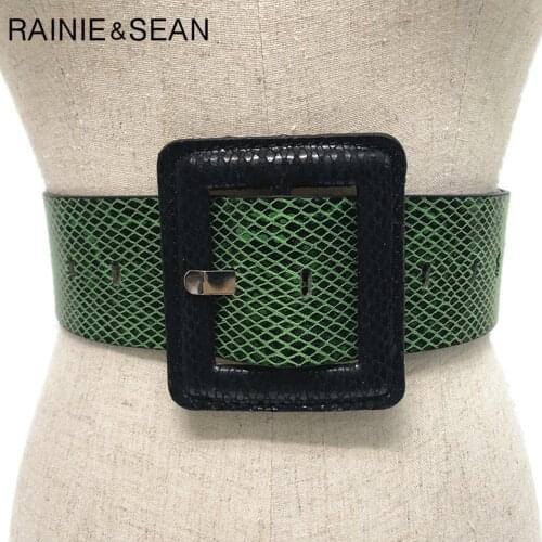 RAINIE SEAN Snakeskin Grain Women Wide Waist Belt Big Square Buckle Autumn Green Pink Black Yellow Vintage Ladies Dress Belts