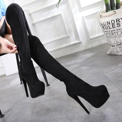 Womens Top Resiliency Pu Leather Over The Knee Boots Slip On Thick High Heel Platform Thigh Boots Ladies Fashion Shoes 15cm
