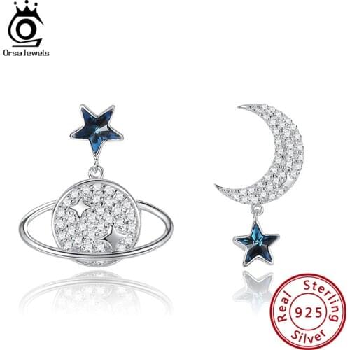 ORSA JEWELS Asymmetry Planet Crystal Stud Earrings for Female Classic Moon and Star Shape Silver 925 Jewelry 2021 Trend SWE16