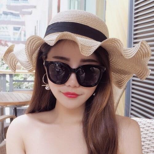 Linen lace bow straw broad-brimmed beach large brimmed ribbon sun hat female