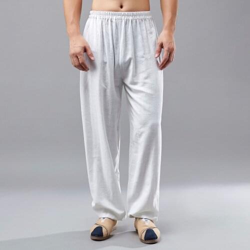 Spring Men Tai Chi Yoga Pant Linen Chinese Traditional Loose Wide Leg Sweatpants Bloomers Casual Jogger Running Workout Gym Pant
