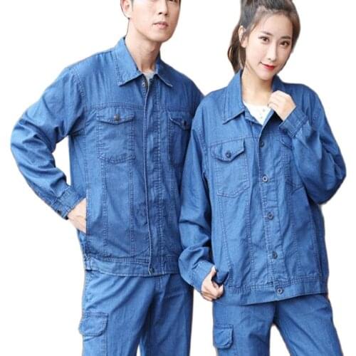 High Quality Cotton Denim Mens Coat Jeans Pants 2pcs Set Workwear Electric Welding Summer Thin Jacket Trousers Blue