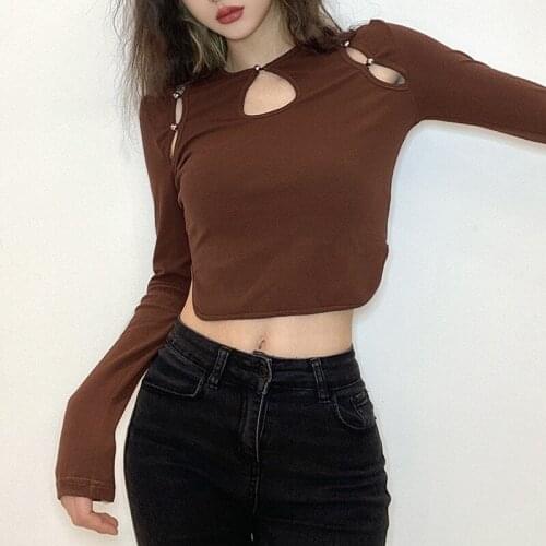 Women Solid T-shirt Round Neck Button Long Sleeves Cut Out Hollow Crop Tops Spring Fall Fashion Female Tee Top