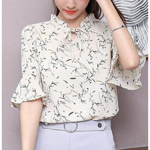 Women Floral Print Bell Sleeve Chiffon Blouse Shirts Tops for Summer -OPK
