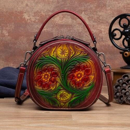 Genuine Leather Women Tote Bag 2021 Winter Female Vintage Floral Nature Cowhide Handbag Handmade Embossed Circular Shoulder Bags
