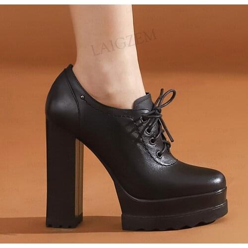 LAIGZEM Women Ankle Boots Real Leather Lace Up Block Thick Heels Booties Comfortable Height Increase Shoes Woman Size 33 39 40