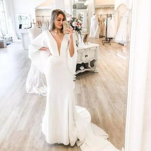 Simple Mermaid Wedding Dress 2021 Deep V Neck Sexy Satin Flare Sleeve Bride Dress Sweep Train Bridal Gowns For Lady Gorgeous