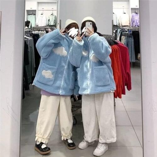 Plus Velvet Thick Coat Winter 2021 Loose Lamb Fur Cloud Stand-up Collar Coat Harajuku Warm Casual Simple Lady Cute Cotton Coat