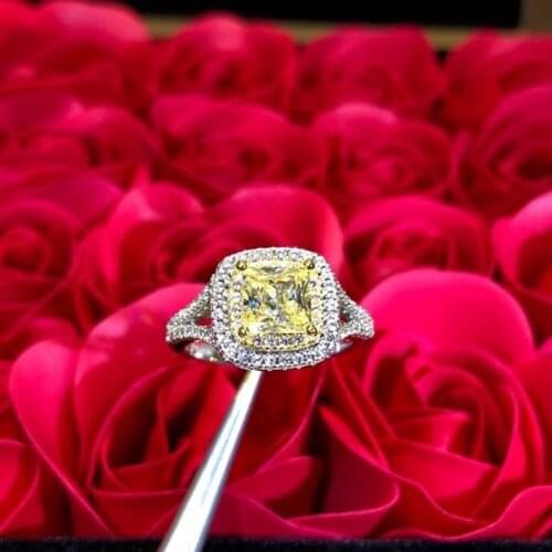 Luxury Yellow Square Zircon Pure 925 Sterling Silver Finger Ring Love Heart Engagement Women Wedding Bridal Jewelry