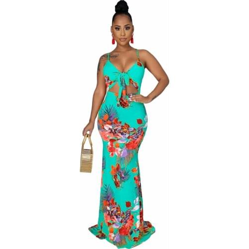 Floral Flower Print Summer Floor Length Dress Woman Sexy Waist Band Cut Out Spaghetti Strap Dress Retro Bohemian Mermaid Dress