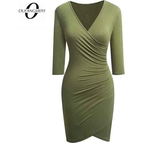 Women Sexy Charming Solid Color V Neck 3/4 Sleeve Lady Bodycon Mini Wrap Dress 1EB544