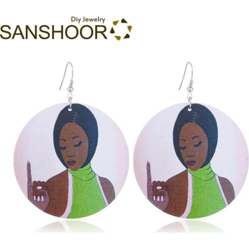 SANSHOOR Printing Afro Wooden Drop Earrings Elegant Black Woman Natural Hair Ear Jewelry 6cm Big Diameter For Women Gifts 1Pair
