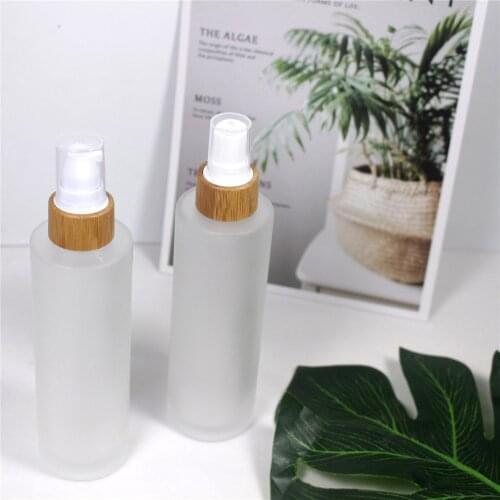 100ml Frosted Glass Spray Bottle Cosmetic Wood Grain Bamboo Cap Emulsion Pump Container Packaging
