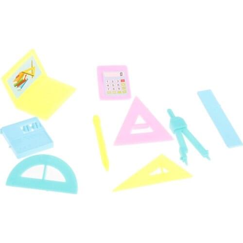 9pcs/set 1:12 Dollhouse stationery kit ruler Abacus computer Calculator pen