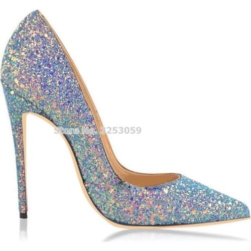 ALMUDENA Ladies Bling Bling Wedding Shoes 12cm High Heels Gradient Color Sequined Pointed Toe Pumps Glitter Banquet Shoes