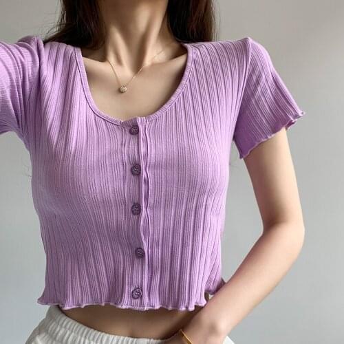 TVVOVVIN American V Neck Short Sleeve T Shirt Hot Girl Single Breasted Short Navel Fungus Side Pit Strip Top BM Tees Kirean TU9L