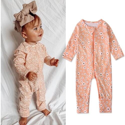 Newborn Infant Baby Girls Romper Cotton Floral Printed Long Sleeve Zipper Jumpsuit Toddler Autumn Clothes Outfits