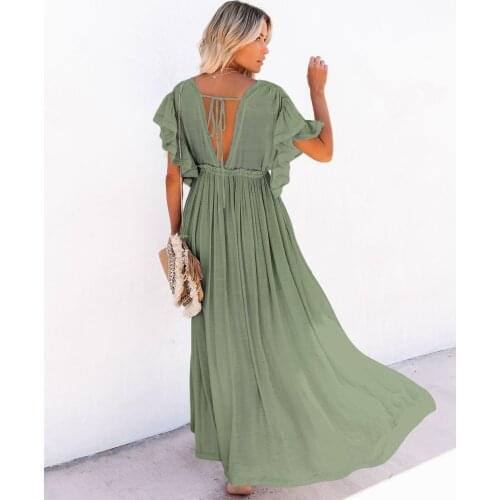 Drees Sexy long skirt large V-Neck long sleeve dress Women Beach blouse slub cloth button drawstring waist long skirt sunscreen