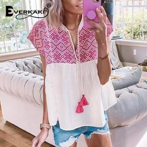 Everkaki Boho Print T-shirts Top Women Tassels Tees 2021 Summer Beach Vacation Pink Tops Plus Size Ladies Bohemia T-shirt Female