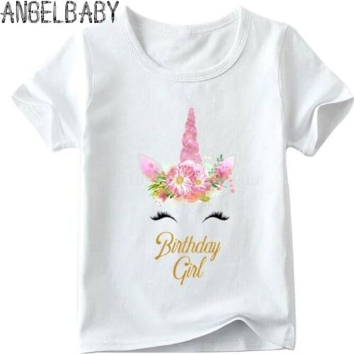 Happy Birthday Girl Unicorn Face Cartoon Print T-shirt Children Summer Short Sleeve Tops Kids Funny Present Baby T shirt,ooo5249