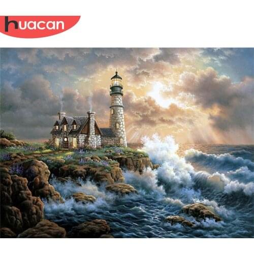 HUACAN 5d Diy Diamond Paintnig Lighthouse Full Square Drill Diamond Embroidery Landscape Sale Home Decoration Needlework