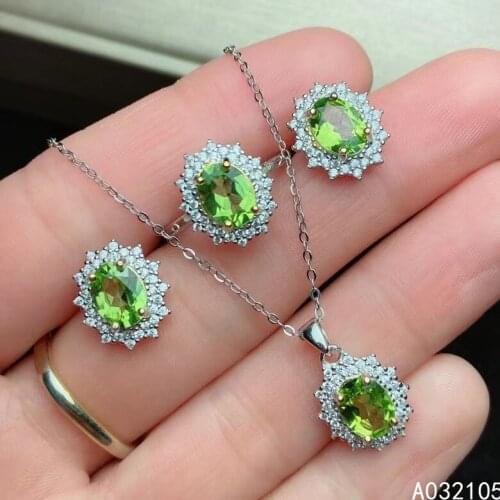 KJJEAXCMY fine jewelry 925 sterling silver inlaid Natural Peridot women vintage fresh gem Ring Earring pendant set support detec