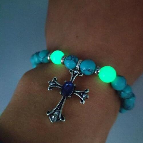 Classic Alloy Vintange Cross Pendant Luminous Beades Bracelet Fashion Natural Stone Glow In The Dark Women Charm Bangle Jewelry