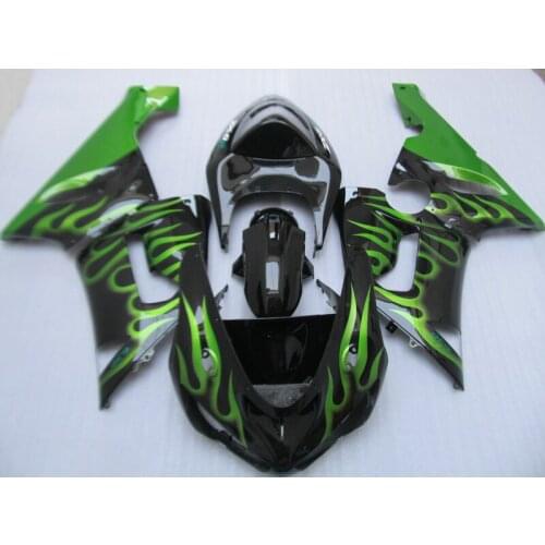 ABS Fairing kits for Kawasaki NINJA ZX 6R 2005 2006 aftermarket zx6r 05 06 green flames in black fairings set HP28