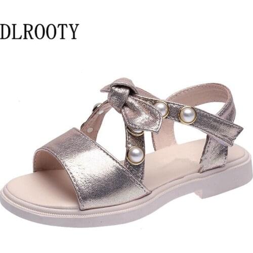 Summer Children Sandals Shoes Girls Bow-knot Pearl Princess Kids Party Fashion Beach Hook & Loop Flat Toddler Baby Breathable