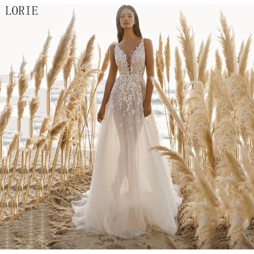 LORIE A Line Silk Tulle Wedding Dresses Floral Lace Applique 2020 Bride Dress Beach Sexy V Neck Wedding Gowns Vestido De Noiva