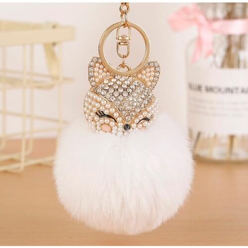 Fashion Rhinestones Cute Faux Rabbit Fur Ball Plush Keychain Car Key Chain for Women Bag Pendant Holder EH884