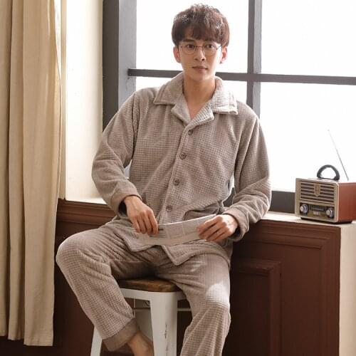 Men Cardigan Pajamas Set Warm Flannel Male Long-sleeved Autumn Winter Pyjama Loose Men Home Set Coral Fleece Sleepwear Top+ Pant