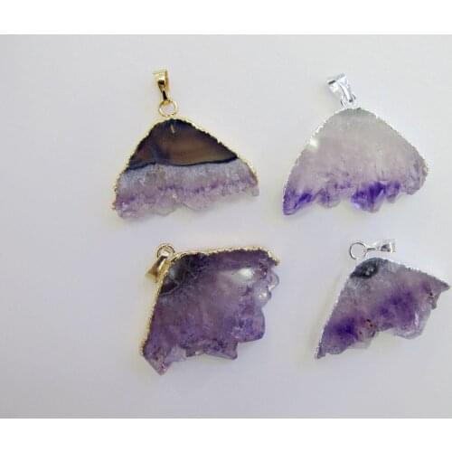 New Designed!Natural Amethysst Geode Quartz Pendant 5pcs/lot Fan Shape Drusy Necklace Pendant Gold&Silver
